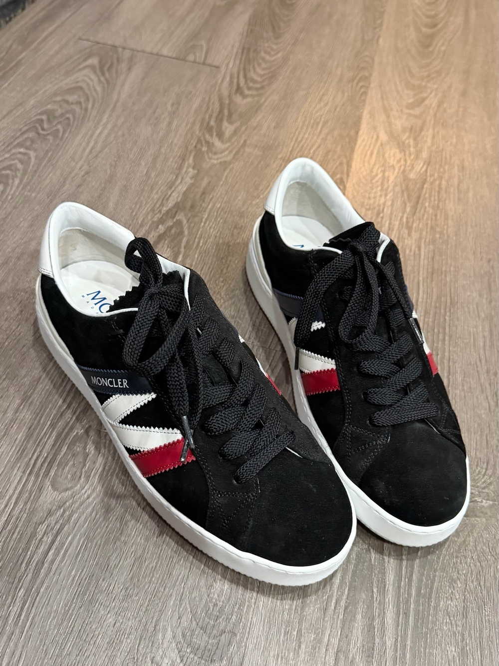 Moncler Monaco Black Suede Low-Top Sneakers with Red & White Stripe Accents
